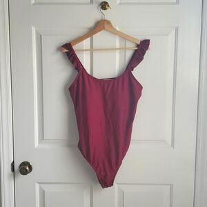 Ruffle Strap Burgundy One Piece Swimsuit with Scoop Back Detail Size XL